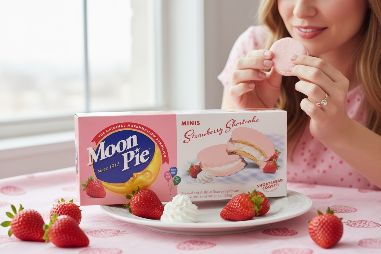 MoonPie Minis Strawberry Shortcake Cookies – Limited Edition Strawberry Marshmallow Treats Box of MoonPie Minis Strawberry Shortcake cookies featuring pink strawberry-flavored marshmallow sandwich treats with shortbread cookies, displayed on a table. Packaging highlights dairy-free, nut-free, and egg-free ingredients.